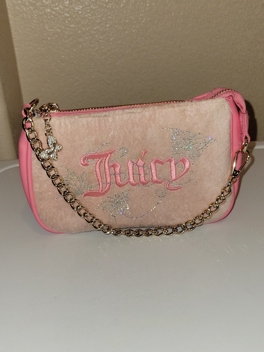 Juicy Couture Pink Logo Butterfly Wristlet with Gold Chain